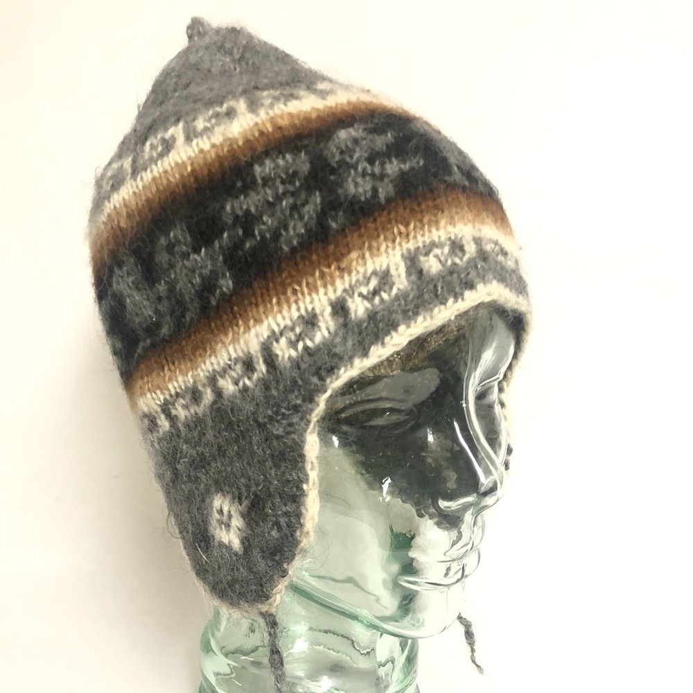 Peruvian alpaca hat, neutrals, grey and browns, with ear covers
